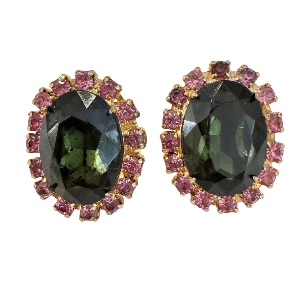Vintage Gold Tone Green Pink Rhinestone Oval Halo Clip On Statement Earrings